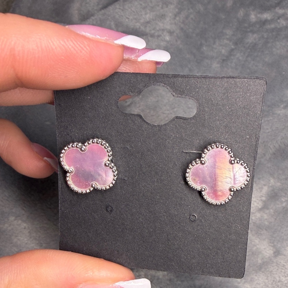 Pink Pearl Silver Clover Earrings